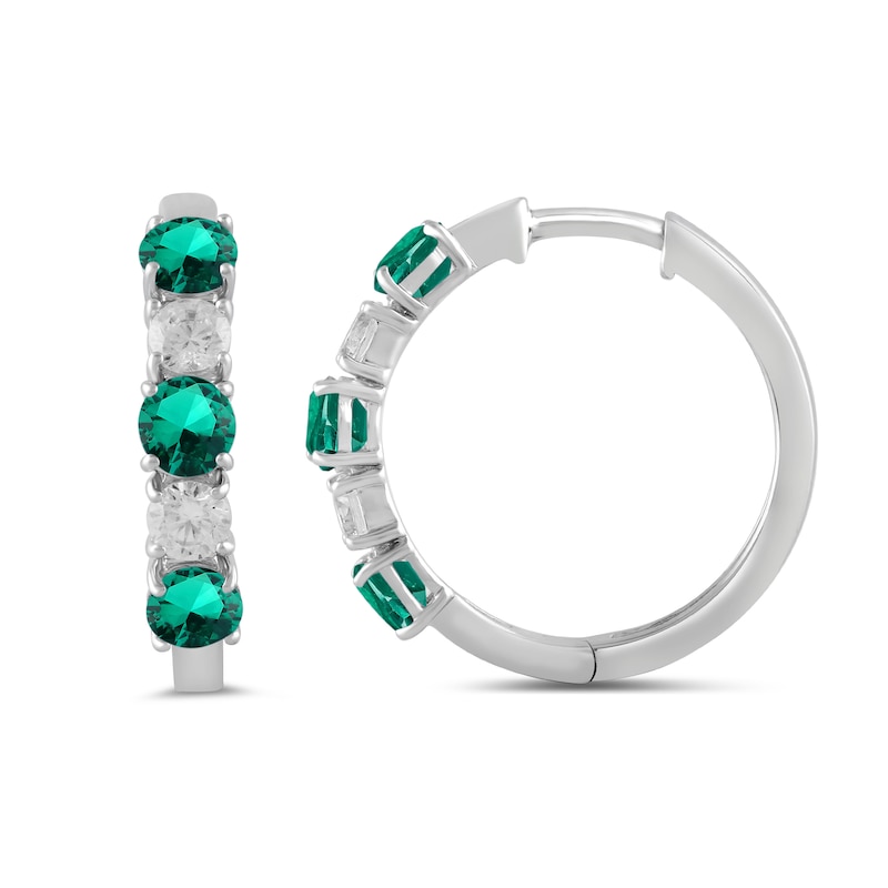 Main Image 2 of Lab-Created Emerald and 1/2 CT. T.W. Certified Lab-Created Diamond Alternating Hoop Earrings in 14K White Gold (F/SI2)