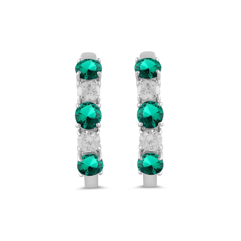 Main Image 3 of Lab-Created Emerald and 1/2 CT. T.W. Certified Lab-Created Diamond Alternating Hoop Earrings in 14K White Gold (F/SI2)