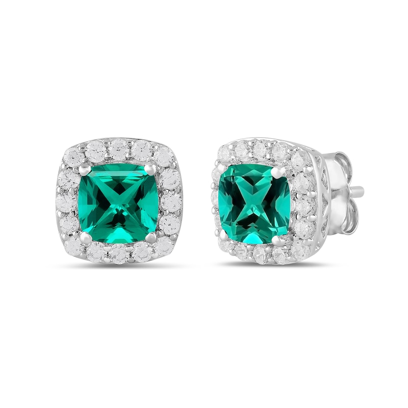 Main Image 1 of Cushion-Cut Lab-Created Emerald and 1/2 CT. T.W. Certified Lab-Created Diamond Frame Stud Earrings in 14K White Gold