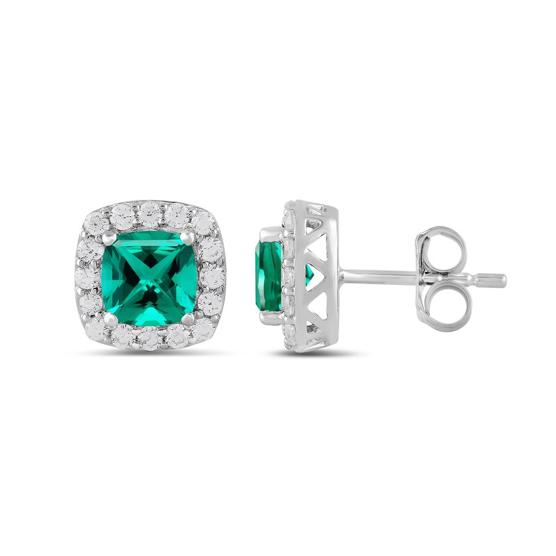 Main Image 2 of Cushion-Cut Lab-Created Emerald and 1/2 CT. T.W. Certified Lab-Created Diamond Frame Stud Earrings in 14K White Gold