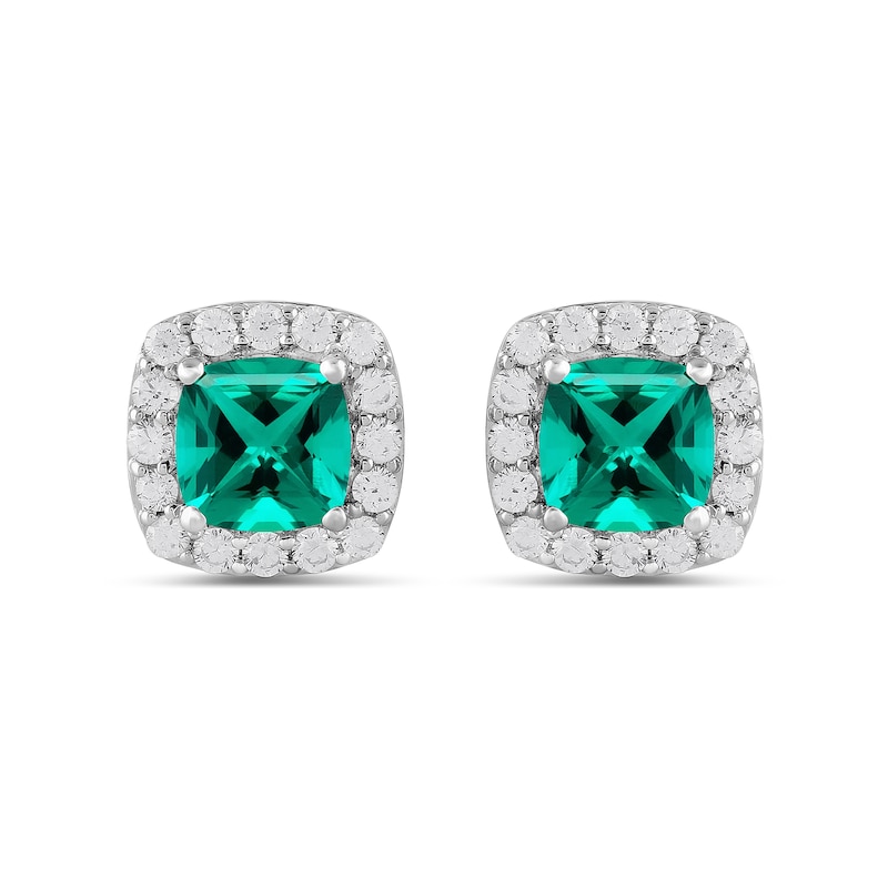 Main Image 3 of Cushion-Cut Lab-Created Emerald and 1/2 CT. T.W. Certified Lab-Created Diamond Frame Stud Earrings in 14K White Gold