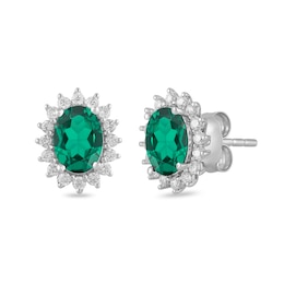 Oval Lab-Created Emerald and 1/3 CT. T.W. Certified Lab-Created Diamond Sunburst Frame Stud Earrings in 14K White Gold