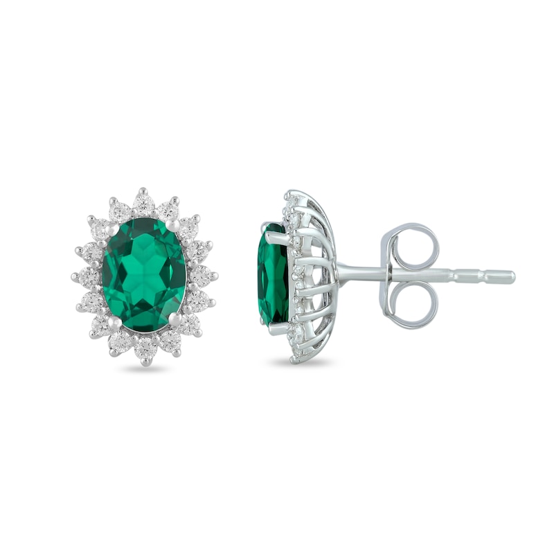 Main Image 2 of Oval Lab-Created Emerald and 1/3 CT. T.W. Certified Lab-Created Diamond Sunburst Frame Stud Earrings in 14K White Gold