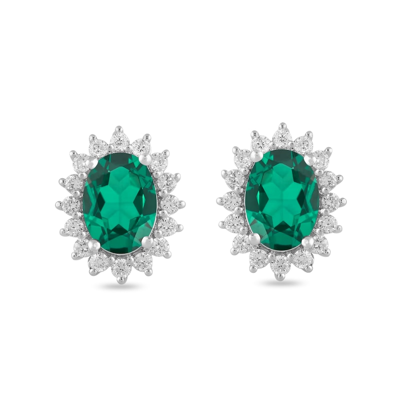 Main Image 3 of Oval Lab-Created Emerald and 1/3 CT. T.W. Certified Lab-Created Diamond Sunburst Frame Stud Earrings in 14K White Gold