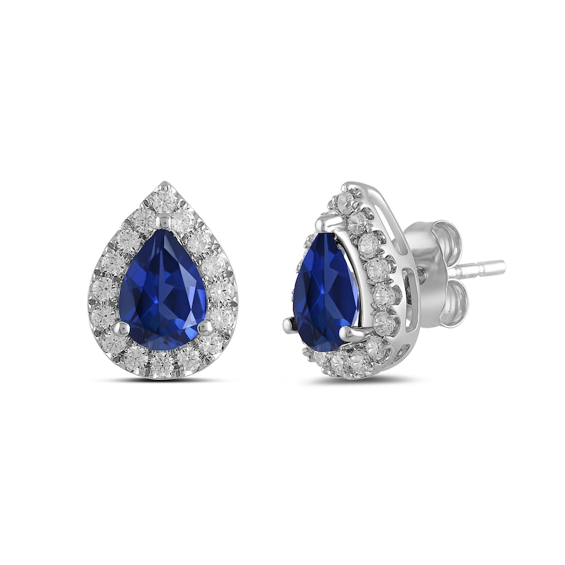 Main Image 1 of Pear Blue Lab-Created Sapphire and 3/8 CT. T.W. Certified Lab-Created Diamond Frame Stud Earrings in 14K White Gold