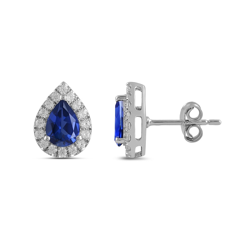 Main Image 2 of Pear Blue Lab-Created Sapphire and 3/8 CT. T.W. Certified Lab-Created Diamond Frame Stud Earrings in 14K White Gold