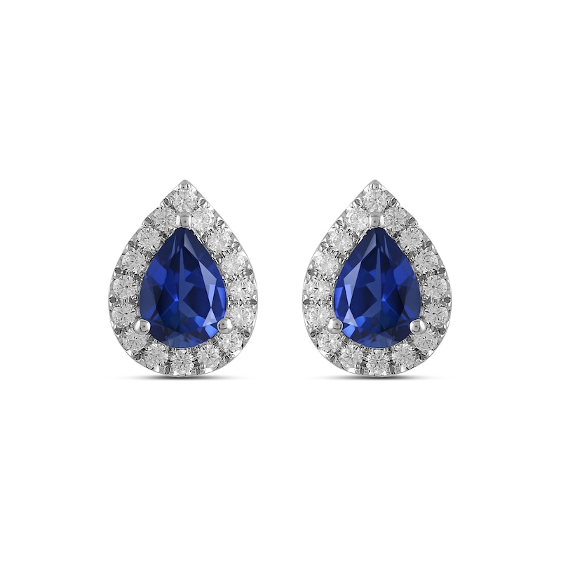 Main Image 3 of Pear Blue Lab-Created Sapphire and 3/8 CT. T.W. Certified Lab-Created Diamond Frame Stud Earrings in 14K White Gold