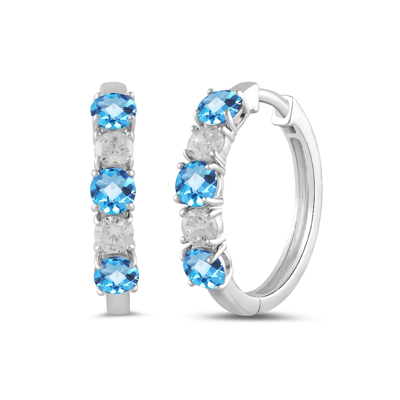 Main Image 1 of Swiss Blue Topaz and 1/2 CT. T.W. Certified Lab-Created Diamond Alternating Hoop Earrings in 14K White Gold (F/SI2)