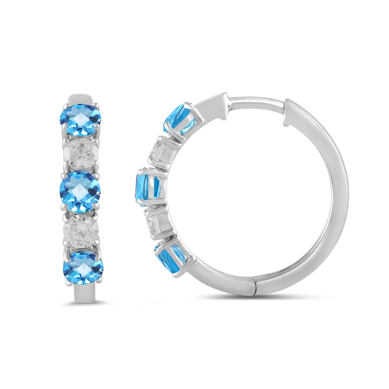 Main Image 2 of Swiss Blue Topaz and 1/2 CT. T.W. Certified Lab-Created Diamond Alternating Hoop Earrings in 14K White Gold (F/SI2)