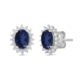 Oval Blue Lab-Created Sapphire and 1/3 CT. T.W. Certified Lab-Created Diamond Sunburst Stud Earrings in 14K White Gold