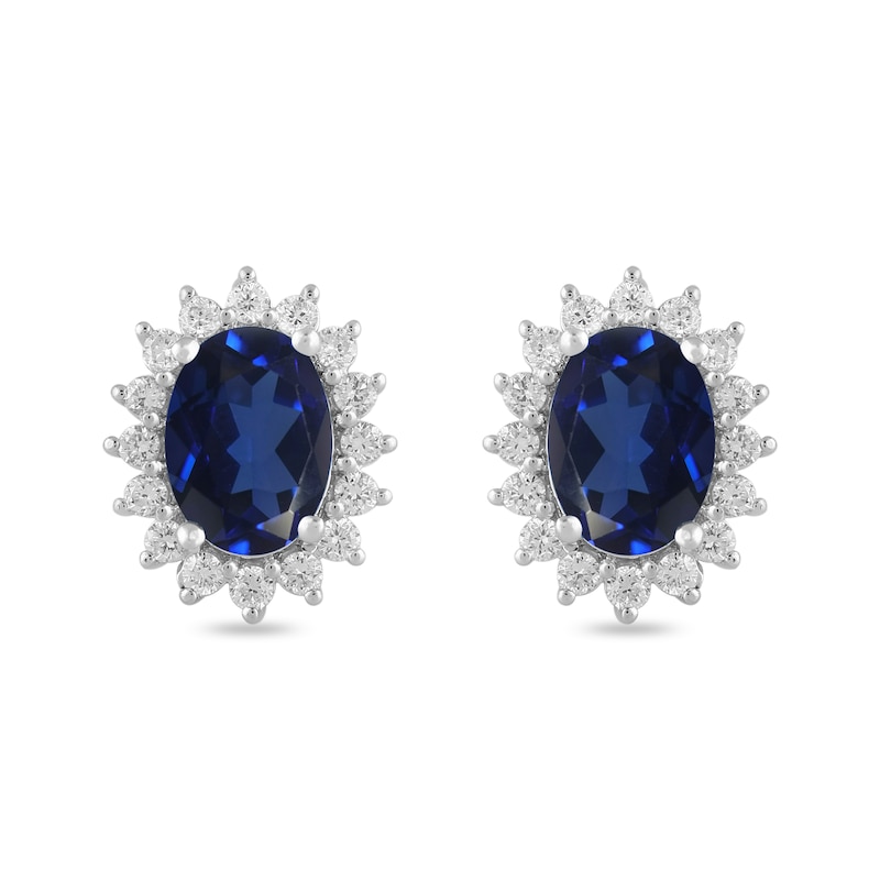 Main Image 3 of Oval Blue Lab-Created Sapphire and 1/3 CT. T.W. Certified Lab-Created Diamond Sunburst Stud Earrings in 14K White Gold