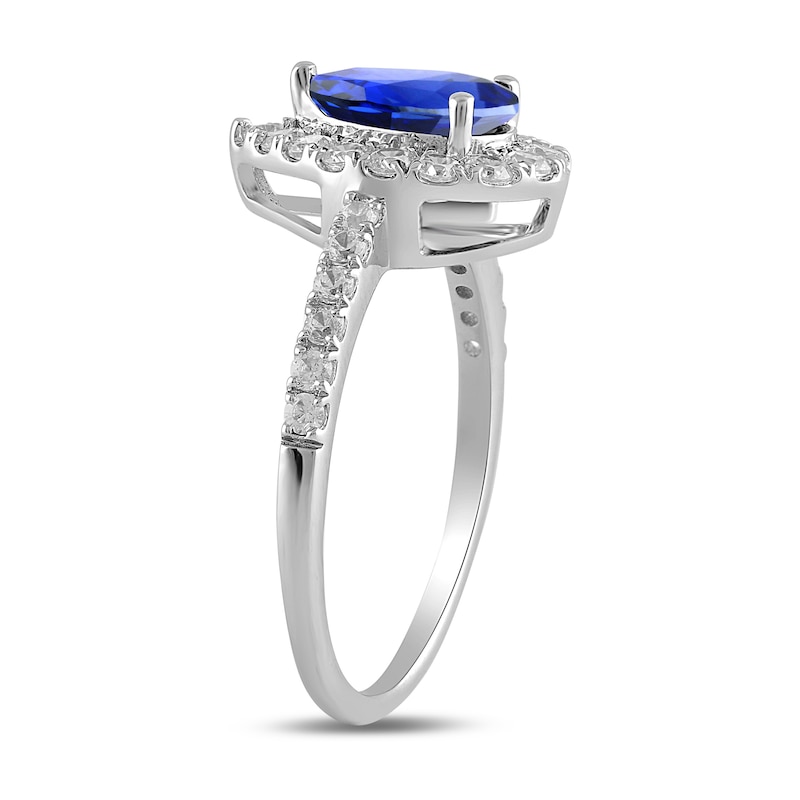 Main Image 2 of Pear-Shaped Blue Lab-Created Sapphire and 1/2 CT. T.W. Certified Lab-Created Diamond Frame Ring in 14K White Gold