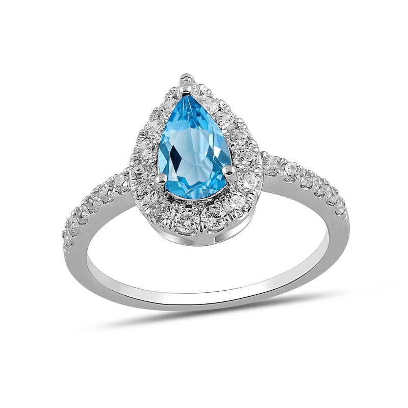 Main Image 1 of Pear-Shaped Swiss Blue Topaz and 1/2 CT. T.W. Certified Lab-Created Diamond Frame Ring in 14K White Gold (F/SI2)