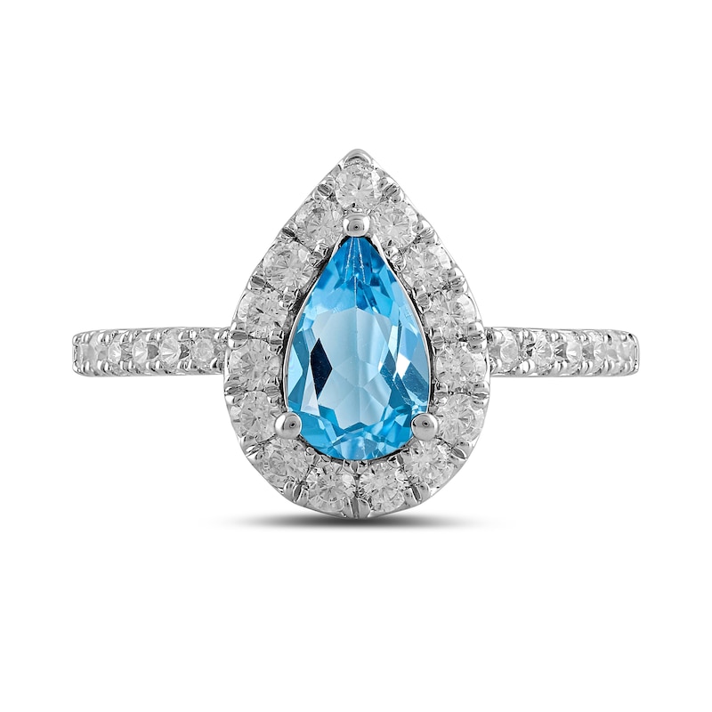 Main Image 3 of Pear-Shaped Swiss Blue Topaz and 1/2 CT. T.W. Certified Lab-Created Diamond Frame Ring in 14K White Gold (F/SI2)