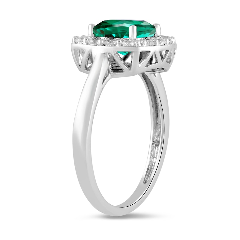 Main Image 2 of Cushion-Cut Lab-Created Emerald and 1/2 CT. T.W. Certified Lab-Created Diamond Frame Ring in 14K White Gold (F/SI2)