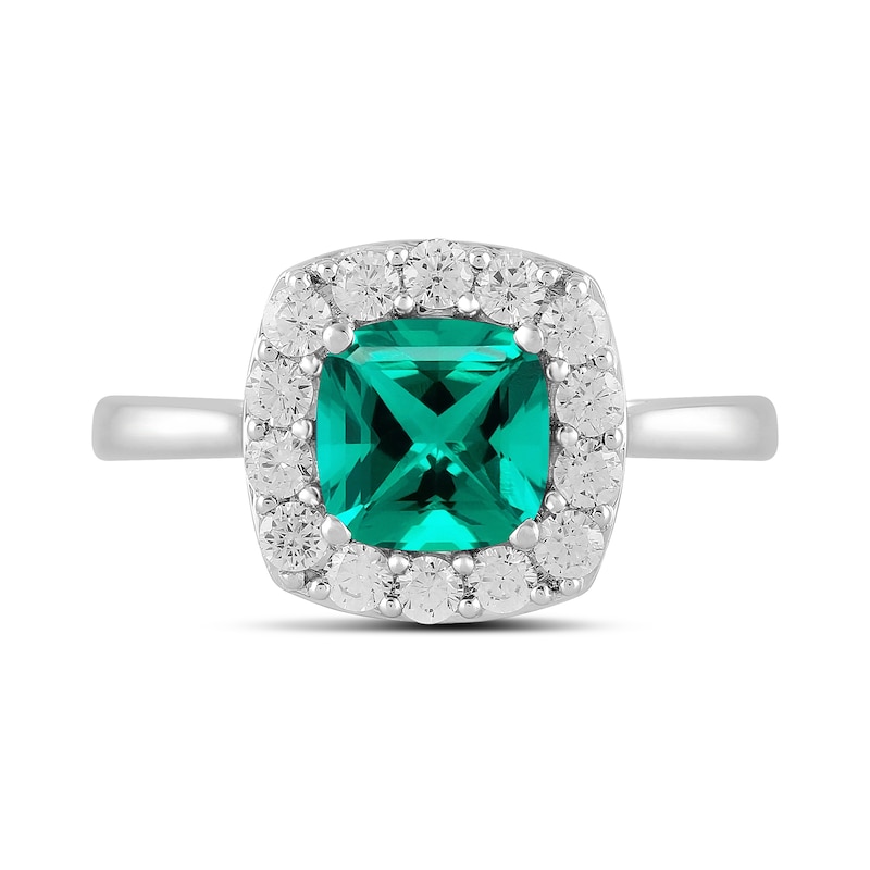 Main Image 3 of Cushion-Cut Lab-Created Emerald and 1/2 CT. T.W. Certified Lab-Created Diamond Frame Ring in 14K White Gold (F/SI2)