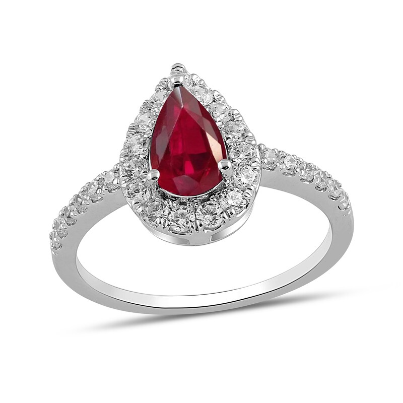 Main Image 1 of Pear-Shaped Lab-Created Ruby and 1/2 CT. T.W. Certified Lab-Created Diamond Frame Ring in 14K White Gold (F/SI2)