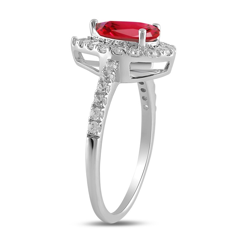 Main Image 2 of Pear-Shaped Lab-Created Ruby and 1/2 CT. T.W. Certified Lab-Created Diamond Frame Ring in 14K White Gold (F/SI2)