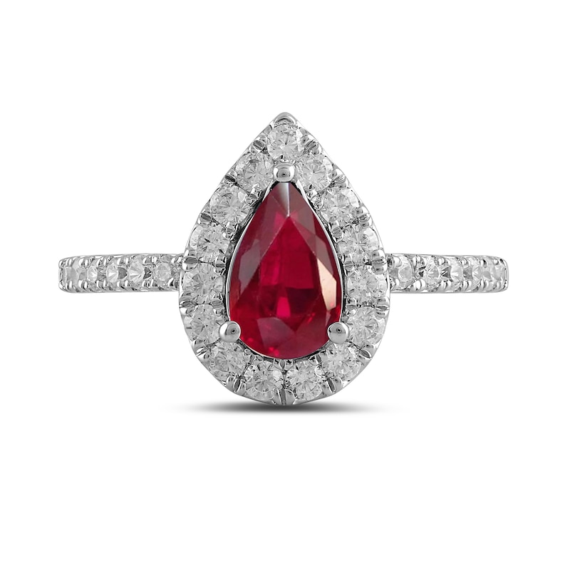 Main Image 3 of Pear-Shaped Lab-Created Ruby and 1/2 CT. T.W. Certified Lab-Created Diamond Frame Ring in 14K White Gold (F/SI2)