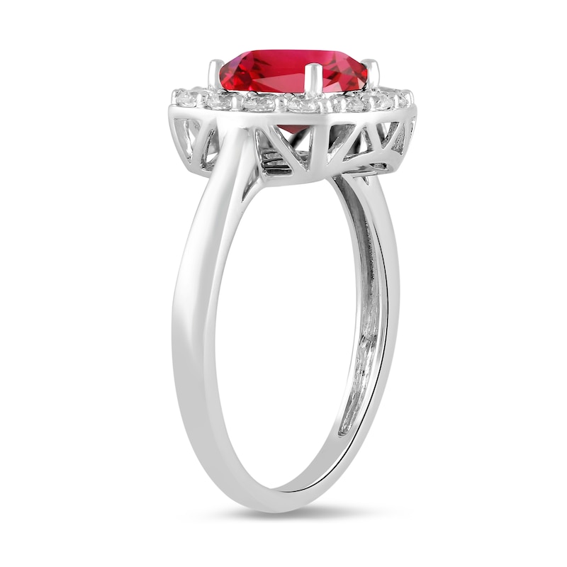 Main Image 2 of Cushion-Cut Lab-Created Ruby and 1/2 CT. T.W. Certified Lab-Created Diamond Frame Ring in 14K White Gold (F/SI2)