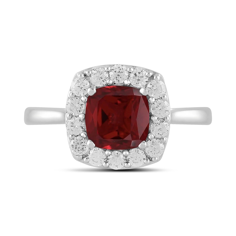 Main Image 3 of Cushion-Cut Lab-Created Ruby and 1/2 CT. T.W. Certified Lab-Created Diamond Frame Ring in 14K White Gold (F/SI2)