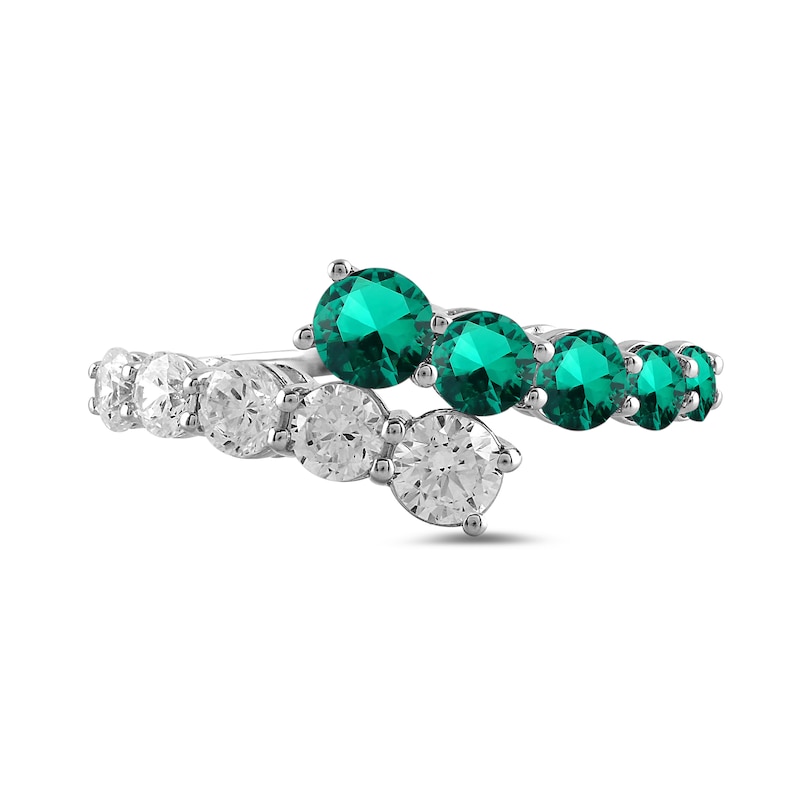 Main Image 3 of Lab-Created Emerald and 3/4 CT. T.W. Certified Lab-Created Diamond Graduated Bypass Ring in 14K White Gold (F/SI2)