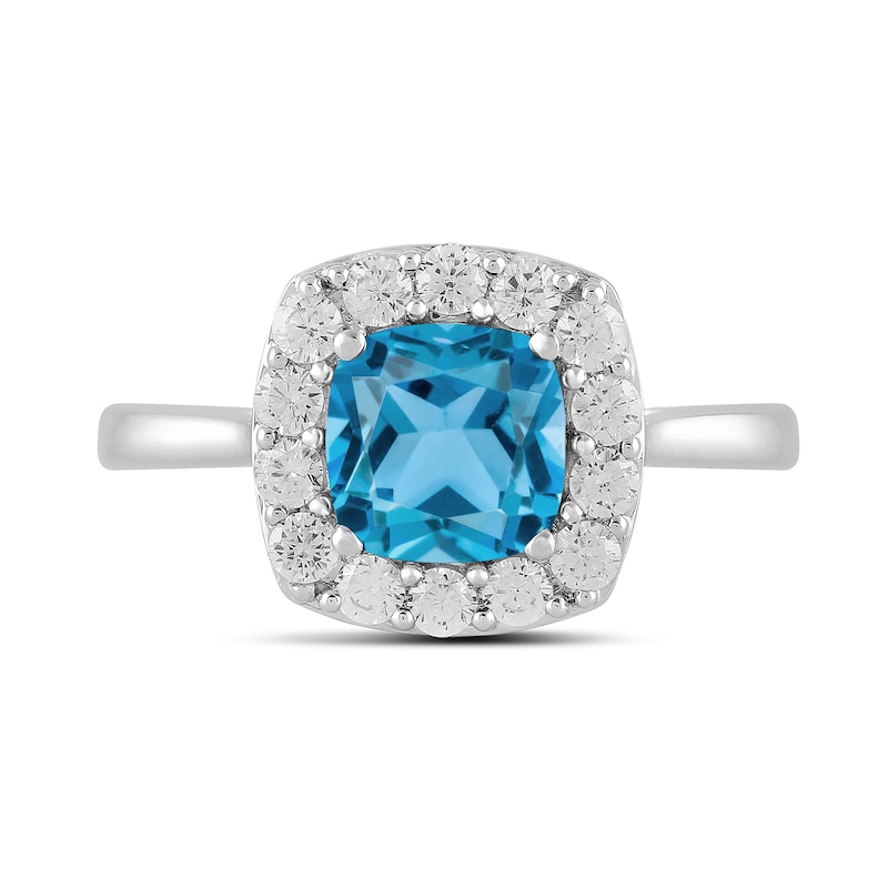 Main Image 3 of Cushion-Cut Swiss Blue Topaz and 1/2 CT. T.W. Certified Lab-Created Diamond Frame Ring in 14K White Gold (F/SI2)