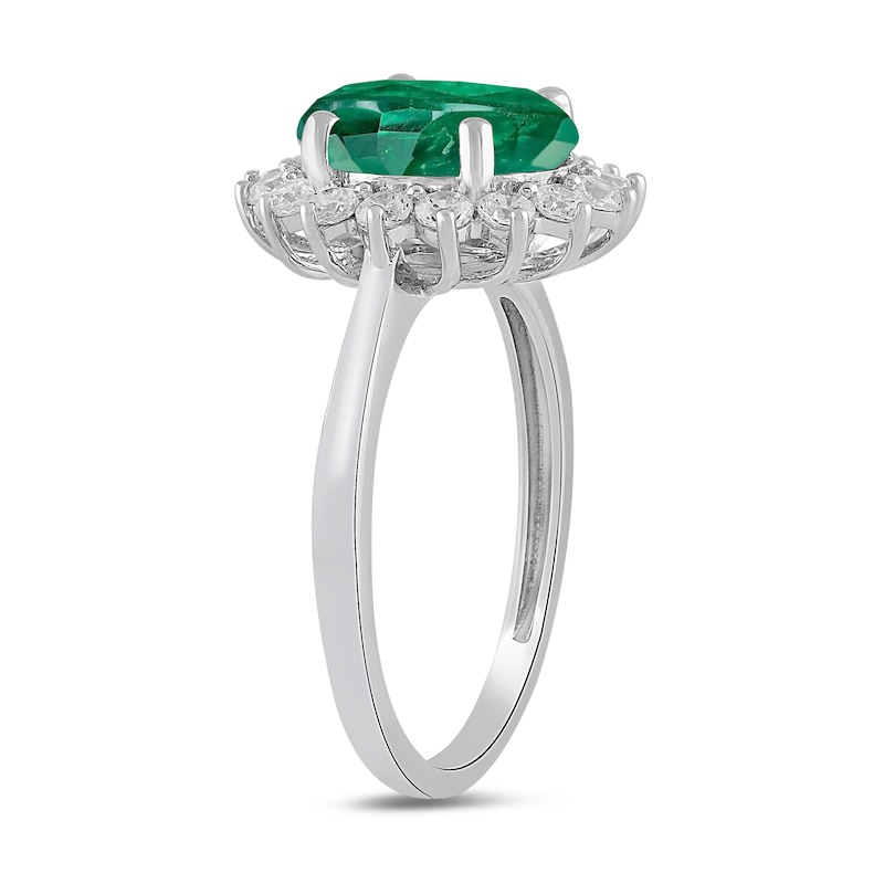 Main Image 2 of Oval Lab-Created Emerald and 1/2 CT. T.W. Certified Lab-Created Diamond Sunburst Frame Ring in 14K White Gold (F/SI2)