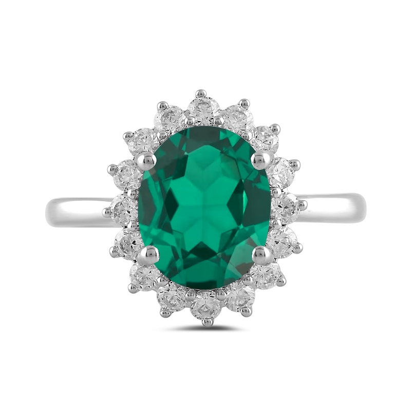 Main Image 3 of Oval Lab-Created Emerald and 1/2 CT. T.W. Certified Lab-Created Diamond Sunburst Frame Ring in 14K White Gold (F/SI2)