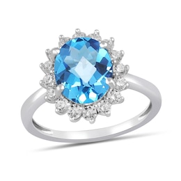 Oval Swiss Blue Topaz and 1/2 CT. T.W. Certified Lab-Created Diamond Sunburst Frame Ring in 14K White Gold (F/SI2)