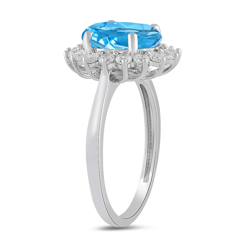 Main Image 2 of Oval Swiss Blue Topaz and 1/2 CT. T.W. Certified Lab-Created Diamond Sunburst Frame Ring in 14K White Gold (F/SI2)