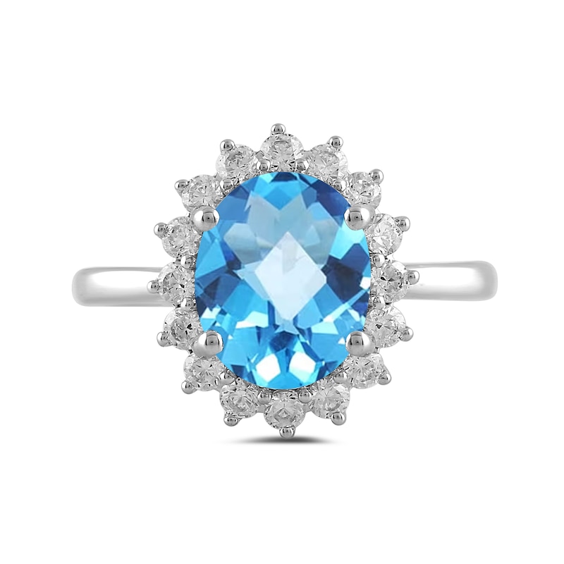 Main Image 3 of Oval Swiss Blue Topaz and 1/2 CT. T.W. Certified Lab-Created Diamond Sunburst Frame Ring in 14K White Gold (F/SI2)