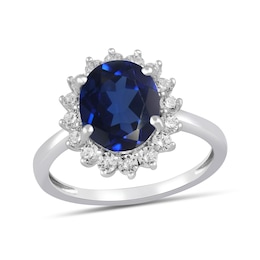 Oval Blue Lab-Created Sapphire and 1/2 CT. T.W. Certified Lab-Created Diamond Sunburst Frame Ring in 14K White Gold