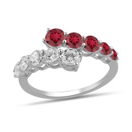 Lab-Created Ruby and 3/4 CT. T.W. Certified Lab-Created Diamond Graduated Bypass Ring in 14K White Gold (F/SI2)