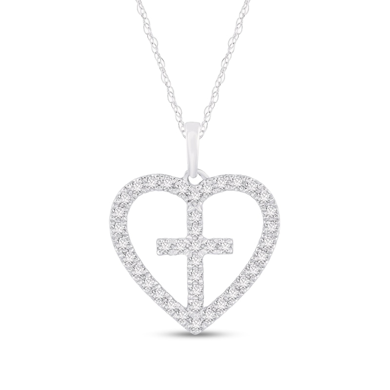 Main Image 1 of 1/3 CT. T.W. Diamond Cross-in-Heart Pendant in 14K White Gold