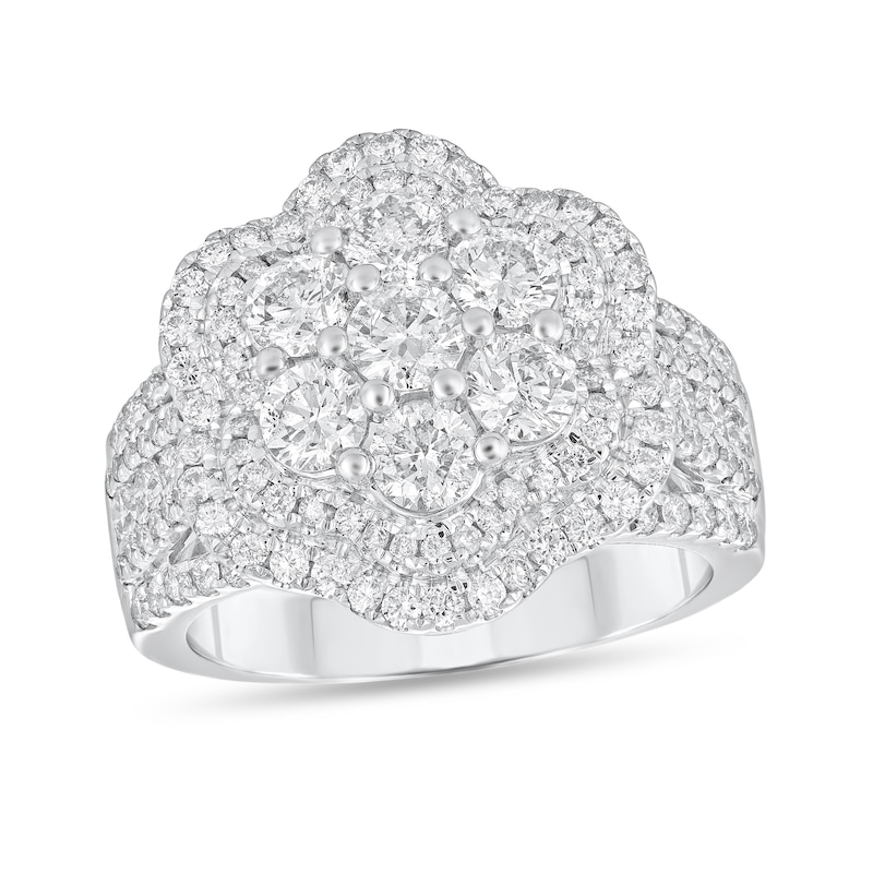 Main Image 1 of 2-3/8 CT. T.W. Flower-Shaped Multi-Diamond Double Frame Multi-Row Engagement Ring in 14K White Gold