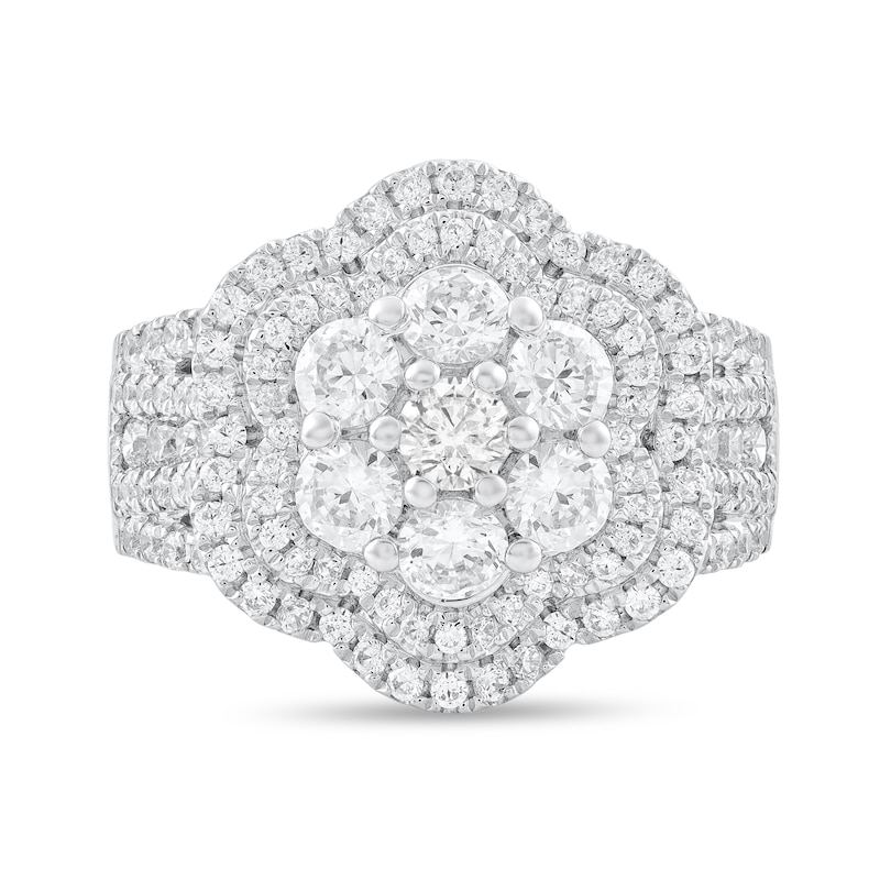 Main Image 3 of 2-3/8 CT. T.W. Flower-Shaped Multi-Diamond Double Frame Multi-Row Engagement Ring in 14K White Gold