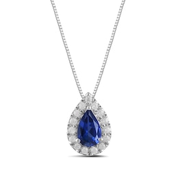 Pear-Shaped Blue Lab-Created Sapphire and 1/3 CT. T.W. Certified Lab-Created Diamond Frame Pendant in 14K White Gold