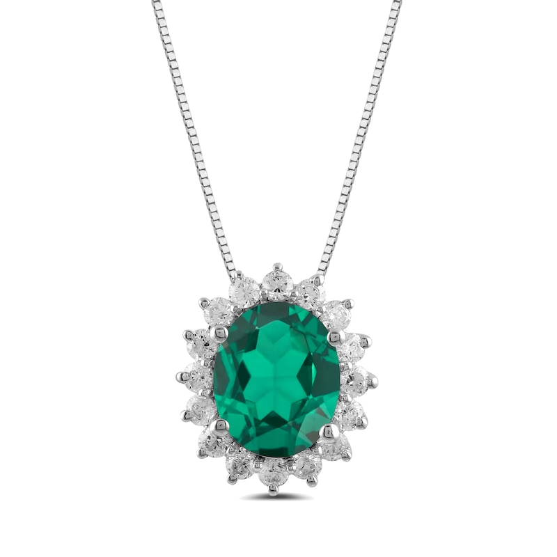 Main Image 1 of Oval Lab-Created Emerald and 1/2 CT. T.W. Certified Lab-Created Diamond Sunburst Frame Pendant in 14K White Gold