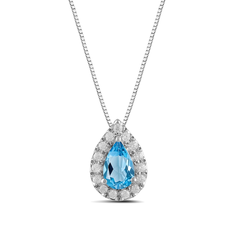 Main Image 1 of Pear-Shaped Swiss Blue Topaz and 1/3 CT. T.W. Certified Lab-Created Diamond Frame Pendant in 14K White Gold (F/SI2)