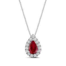 Pear-Shaped Lab-Created Ruby and 1/3 CT. T.W. Certified Lab-Created Diamond Frame Pendant in 14K White Gold (F/SI2)