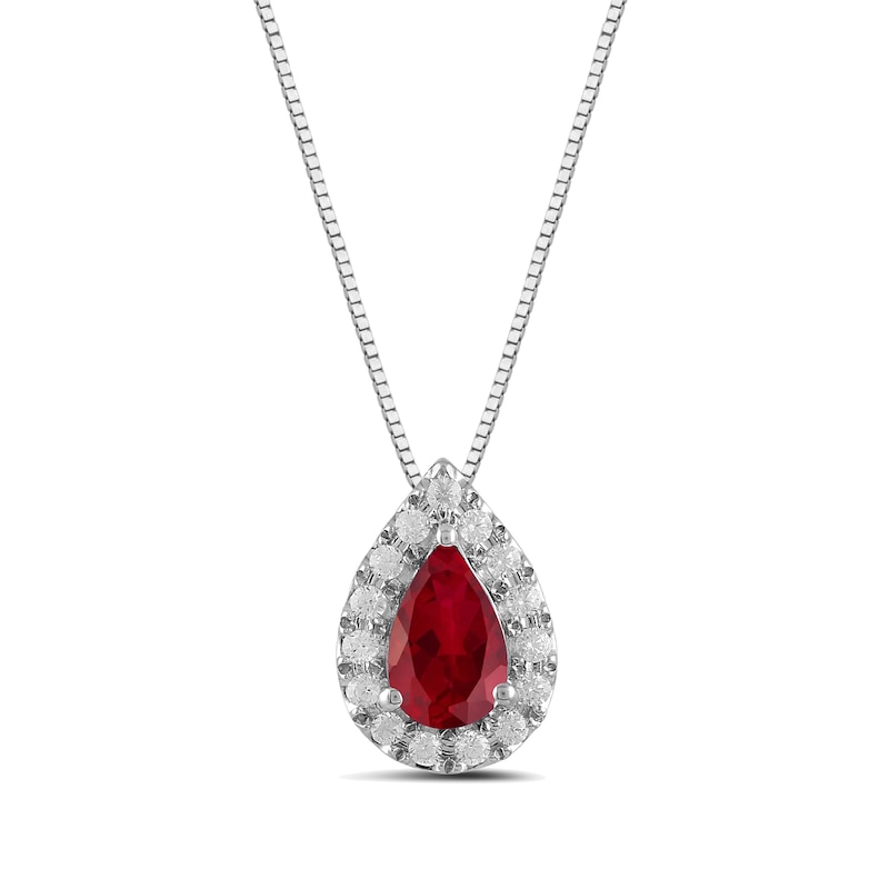 Main Image 1 of Pear-Shaped Lab-Created Ruby and 1/3 CT. T.W. Certified Lab-Created Diamond Frame Pendant in 14K White Gold (F/SI2)