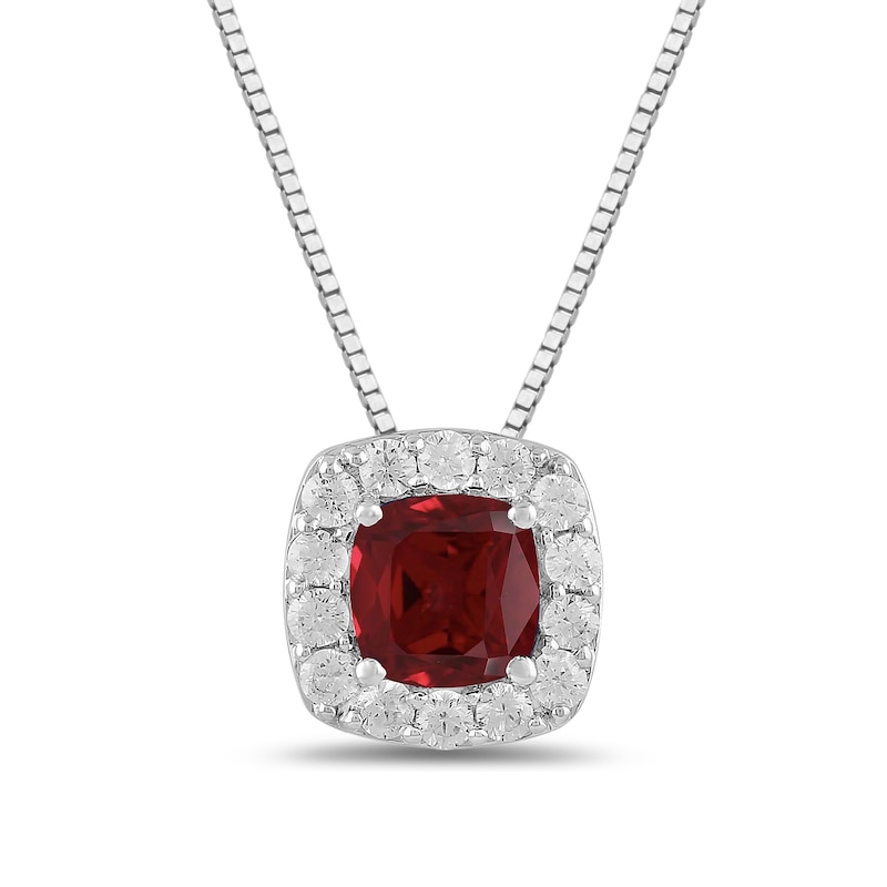 Main Image 1 of Cushion-Cut Lab-Created Ruby and 1/2 CT. T.W. Certified Lab-Created Diamond Frame Pendant in 14K White Gold (F/SI2)