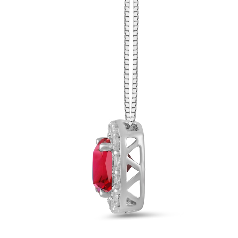 Main Image 2 of Cushion-Cut Lab-Created Ruby and 1/2 CT. T.W. Certified Lab-Created Diamond Frame Pendant in 14K White Gold (F/SI2)