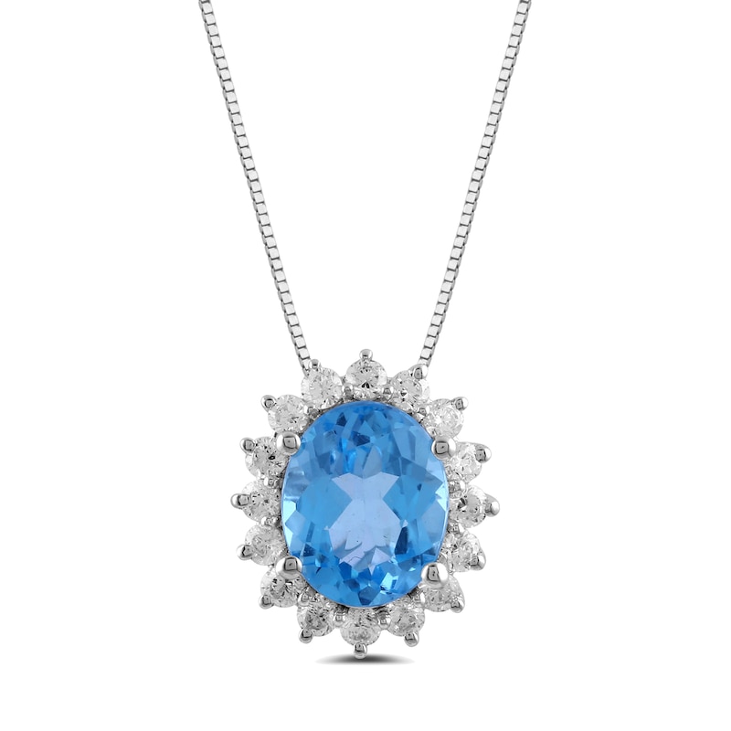 Main Image 1 of Oval Swiss Blue Topaz and 1/2 CT. T.W. Certified Lab-Created Diamond Sunburst Frame Pendant in 14K White Gold (F/SI2)