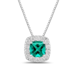 Cushion-Cut Lab-Created Emerald and 1/2 CT. T.W. Certified Lab-Created Diamond Frame Pendant in 14K White Gold (F/SI2)