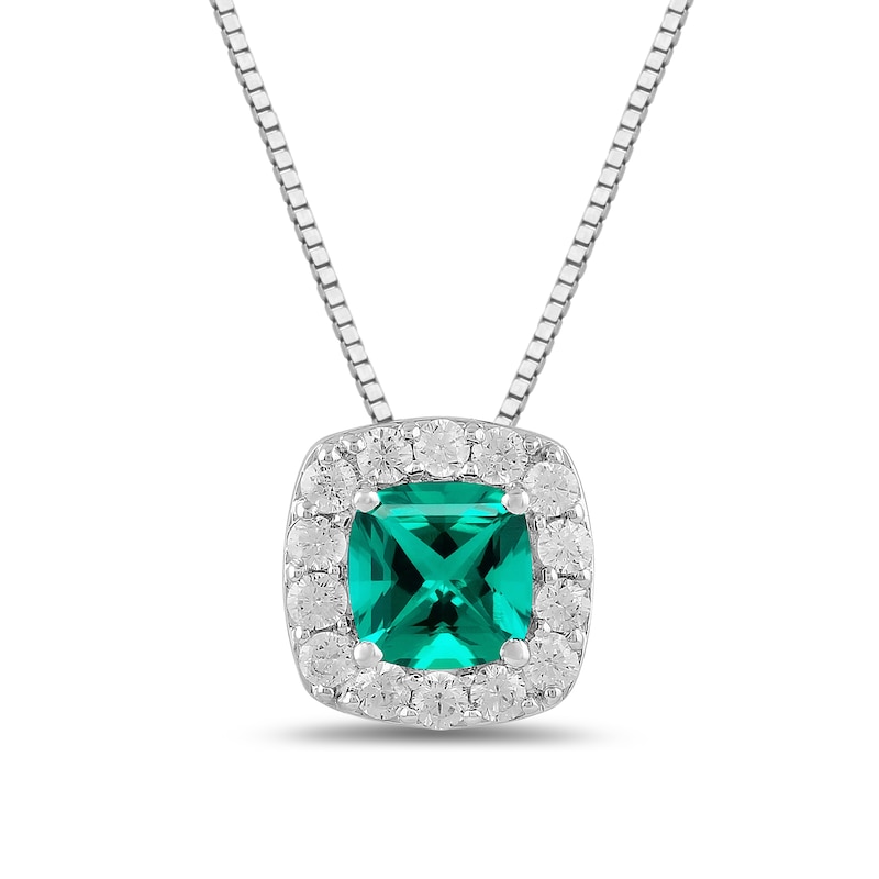 Main Image 1 of Cushion-Cut Lab-Created Emerald and 1/2 CT. T.W. Certified Lab-Created Diamond Frame Pendant in 14K White Gold (F/SI2)