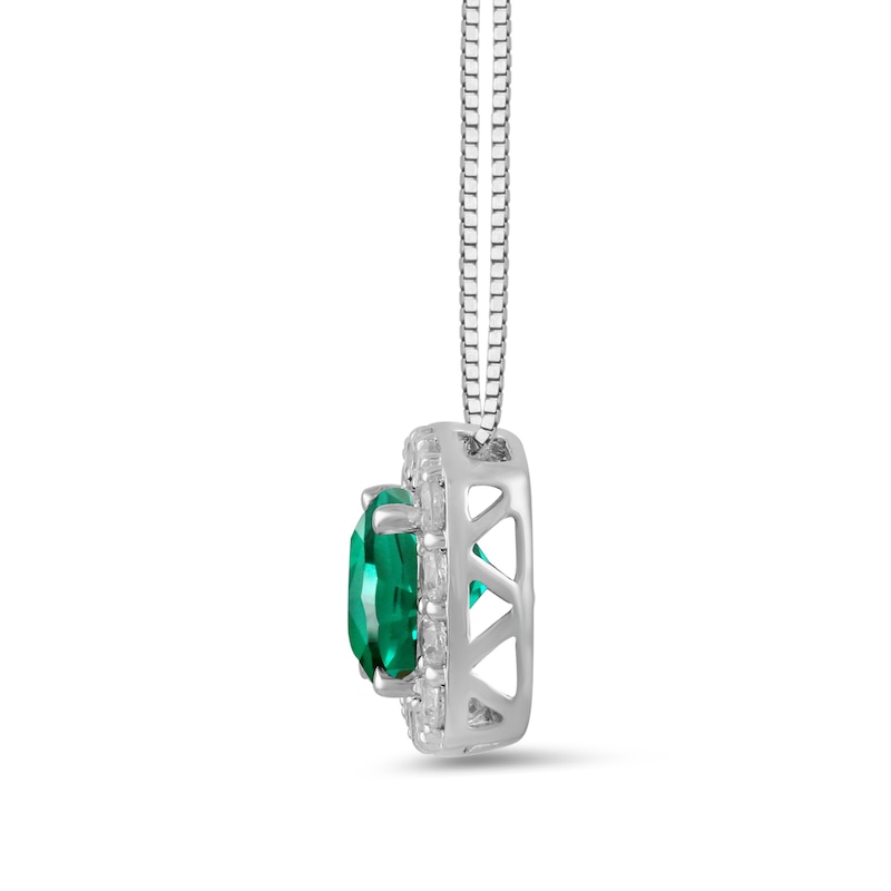 Main Image 2 of Cushion-Cut Lab-Created Emerald and 1/2 CT. T.W. Certified Lab-Created Diamond Frame Pendant in 14K White Gold (F/SI2)