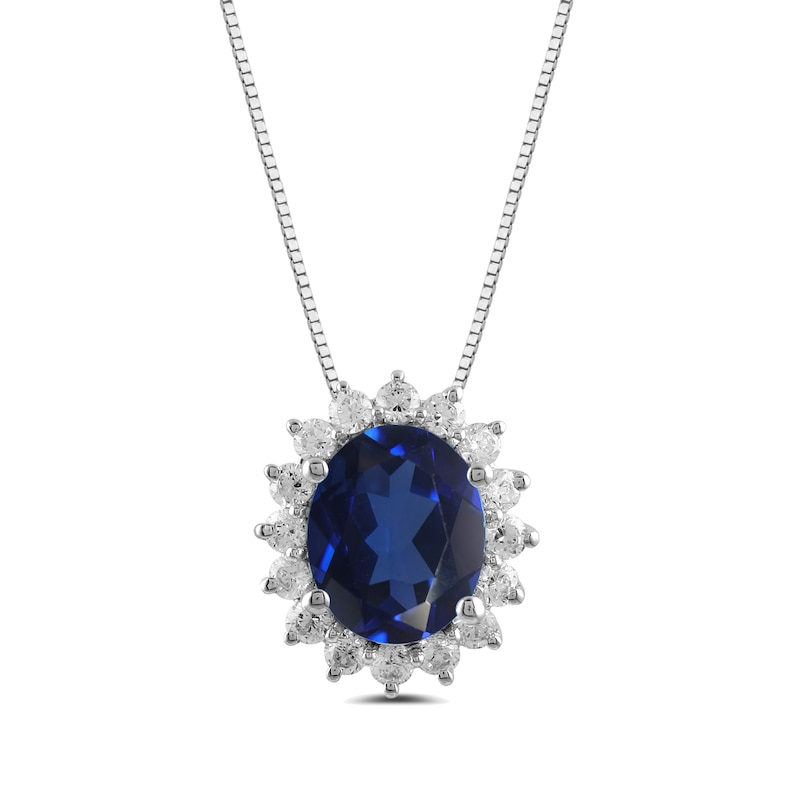 Main Image 1 of Oval Blue Lab-Created Sapphire and 1/2 CT. T.W. Certified Lab-Created Diamond Sunburst Frame Pendant in 14K White Gold