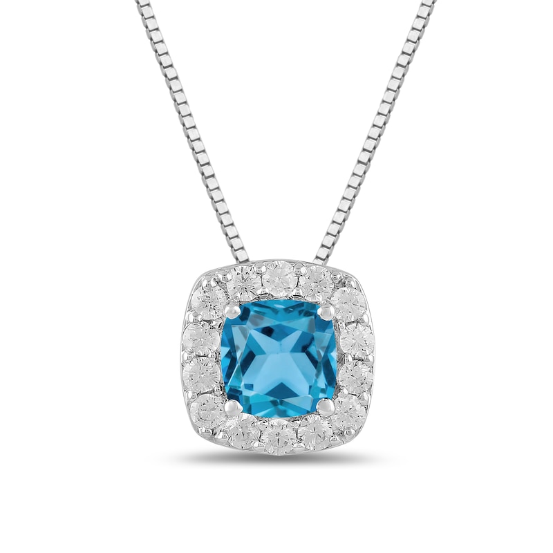 Main Image 1 of Cushion-Cut Swiss Blue Topaz and 1/2 CT. T.W. Certified Lab-Created Diamond Frame Pendant in 14K White Gold (F/SI2)